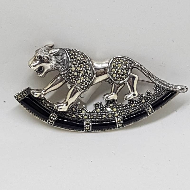 Sterling Silver Marcasite &amp; Black Onyx Big Cat Brooch – Puma / Jaguar