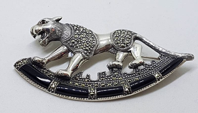 Sterling Silver Marcasite &amp; Black Onyx Big Cat Brooch – Puma / Jaguar