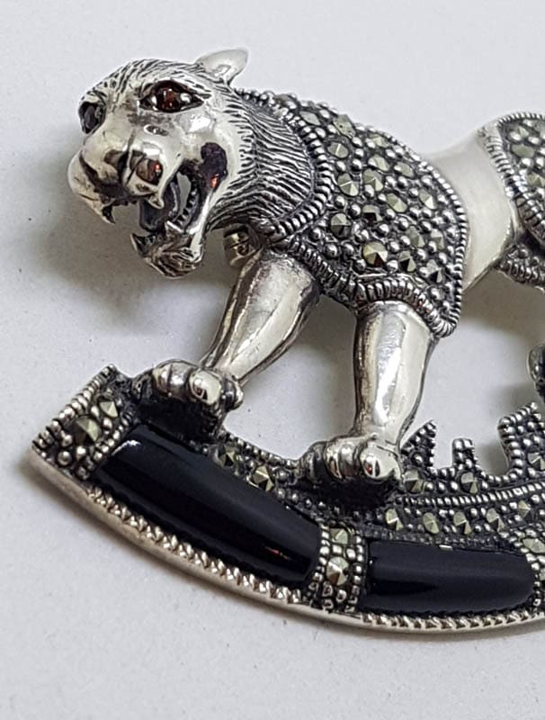 Sterling Silver and Marcasite Brooch - Jaguar with Onyx
