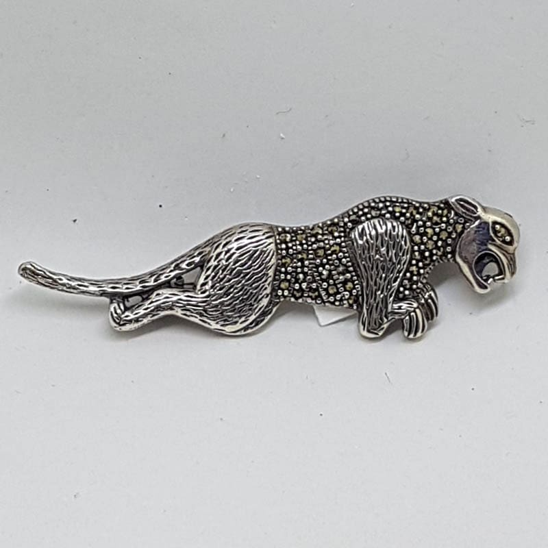 Sterling Silver Marcasite Big Cat Brooch - Puma / Jaguar - Long