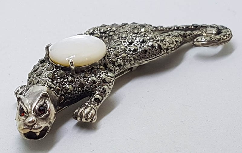 Sterling Silver Marcasite, Garnet &amp; Mother of Pearl Big Cat Brooch - Puma / Jaguar - Large