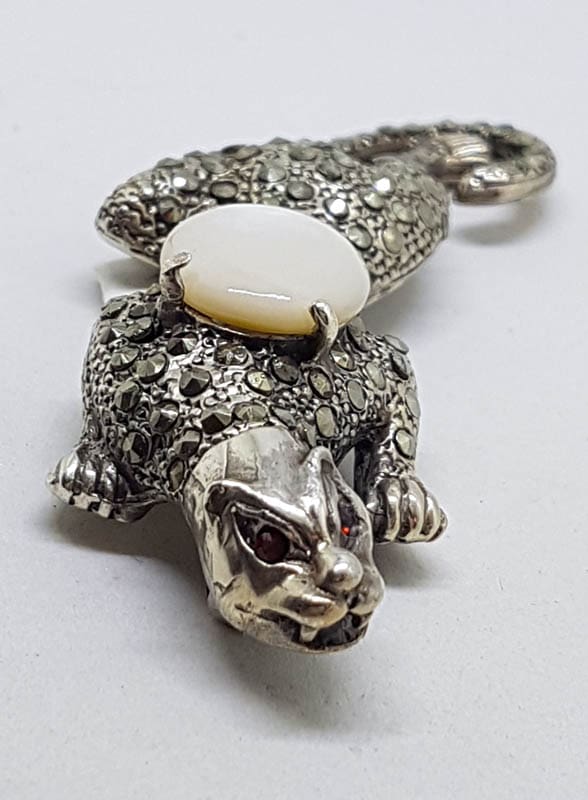 Sterling Silver Marcasite, Garnet &amp; Mother of Pearl Big Cat Brooch - Puma / Jaguar - Large
