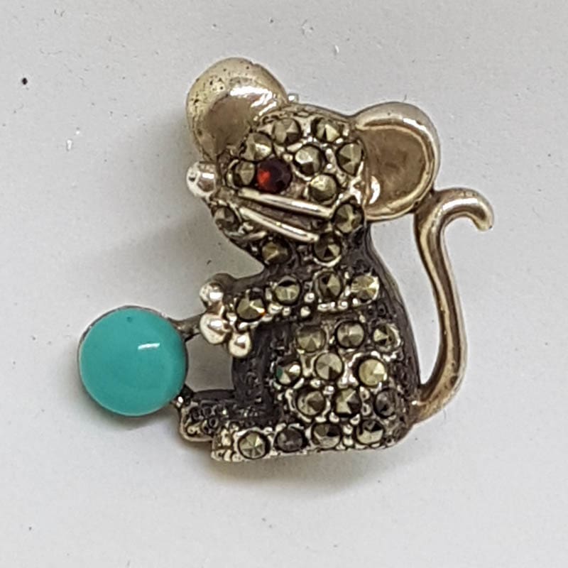 Sterling Silver Marcasite Mouse with Blue Brooch