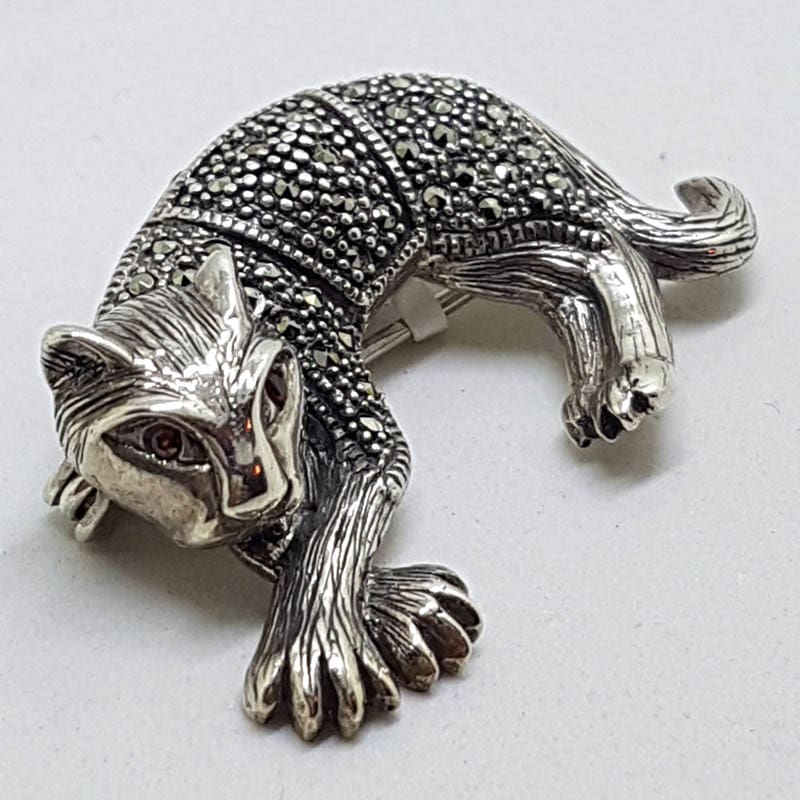 Sterling Silver Marcasite Big Cat Brooch with Garnet Eye - Puma / Jaguar