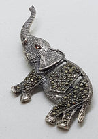 Sterling Silver Marcasite &amp; Garnet Large Elephant Brooch