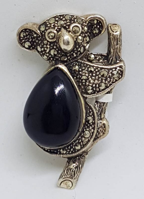 Sterling Silver Marcasite with Onyx Koala Brooch - Australiana