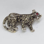 Sterling Silver Marcasite Cat Brooch with Garnet Eye - Leopard / Puma / Jaguar