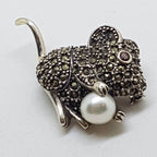 Sterling Silver Marcasite Mouse with Pearl Brooch - Garnet Eye