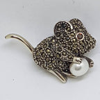 Sterling Silver Marcasite Mouse with Pearl Brooch - Garnet Eye