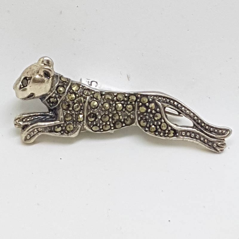 Sterling Silver Marcasite Leaping Cat Brooch - Puma / Jaguar