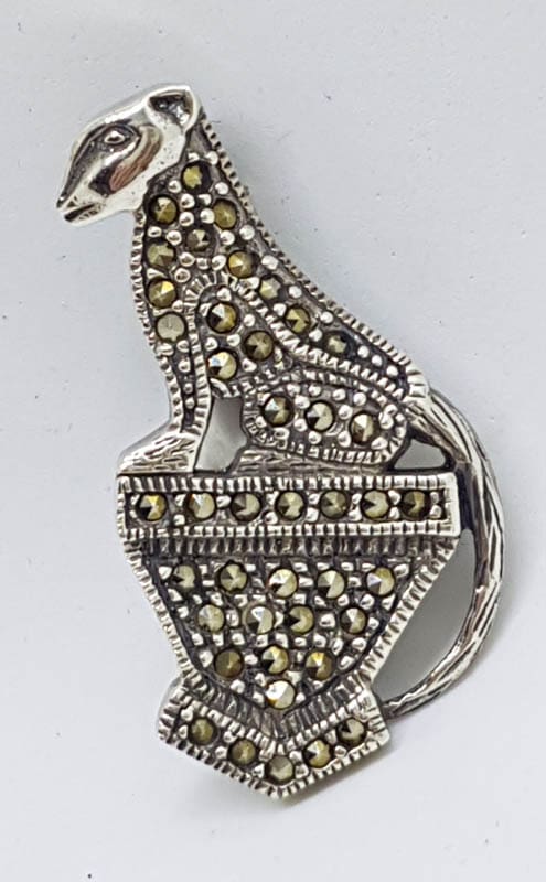 Sterling Silver Marcasite Sitting Cat on Pedestal Brooch - Leopard / Panther / Puma