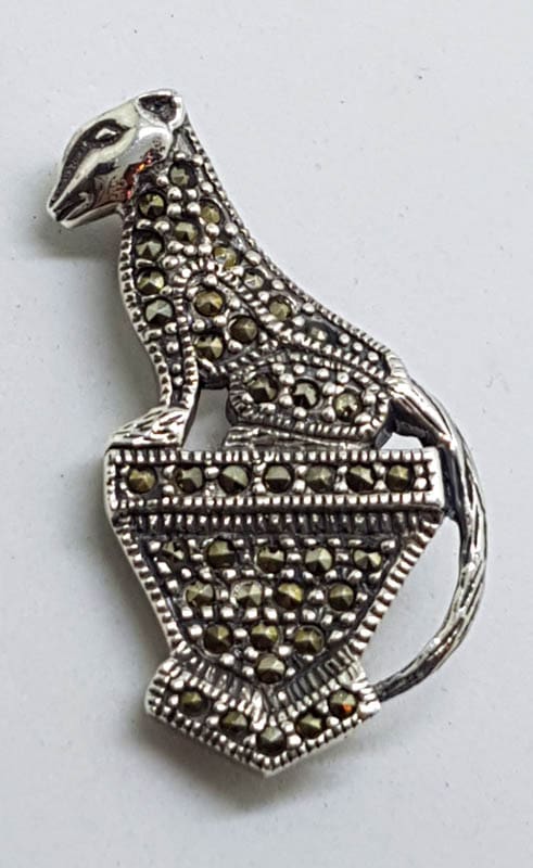 Sterling Silver Marcasite Sitting Cat on Pedestal Brooch - Leopard / Panther / Puma