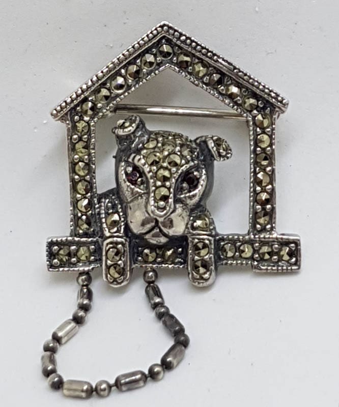 Sterling Silver Marcasite Dog in Kennel / Dog House Brooch - Garnet Eyes