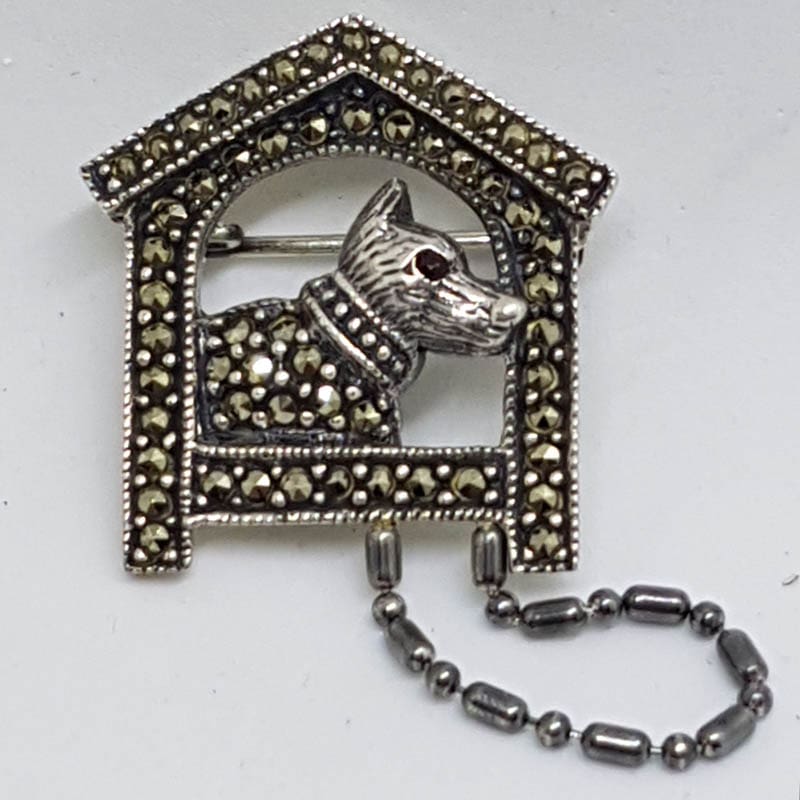 Sterling Silver Marcasite Dog in Kennel / Dog House Brooch