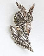 Sterling Silver Marcasite "Hermes" Brooch - Man with Winged Helmet - Mercury