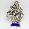 Sterling Silver Marcasite and Lapis Lazuli Floral Brooch - Art Deco Style