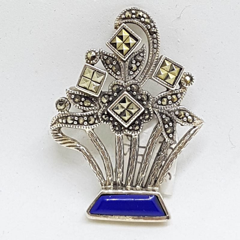 Sterling Silver Marcasite and Lapis Lazuli Floral Brooch - Art Deco Style