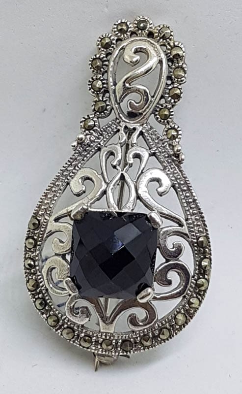 Sterling Silver Large Marcasite and Onyx Ornate / Filigree  Brooch