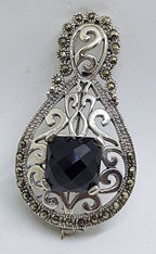 Sterling Silver Large Marcasite and Onyx Ornate / Filigree  Brooch