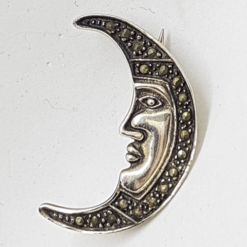 Sterling Silver Marcasite Half Moon Face Brooch