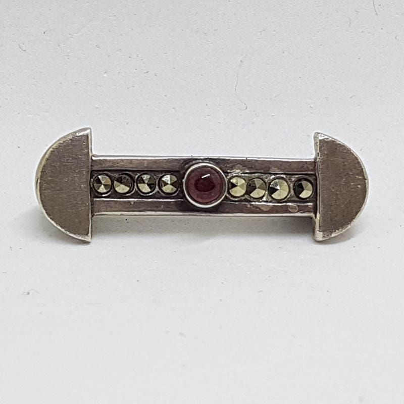 Sterling Silver Marcasite and Garnet Bar Brooch