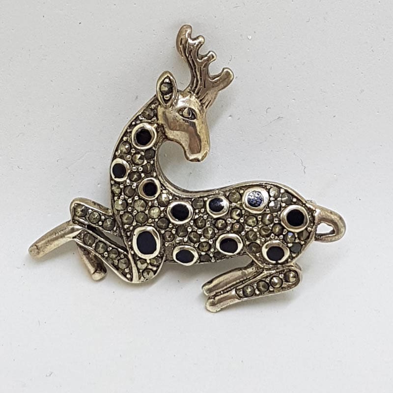 Sterling Silver Marcasite and Black Reindeer / Stag Brooch