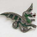 Sterling Silver Marcasite and Green Enamel Dragon Brooch