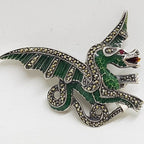 Sterling Silver Marcasite and Green Enamel Dragon Brooch
