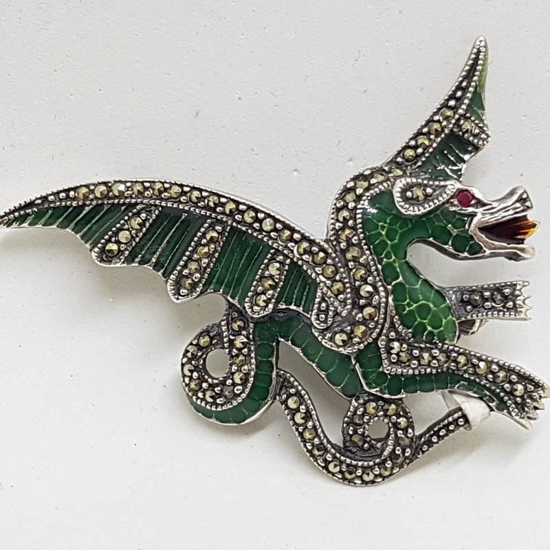 Sterling Silver Marcasite and Green Enamel Dragon Brooch