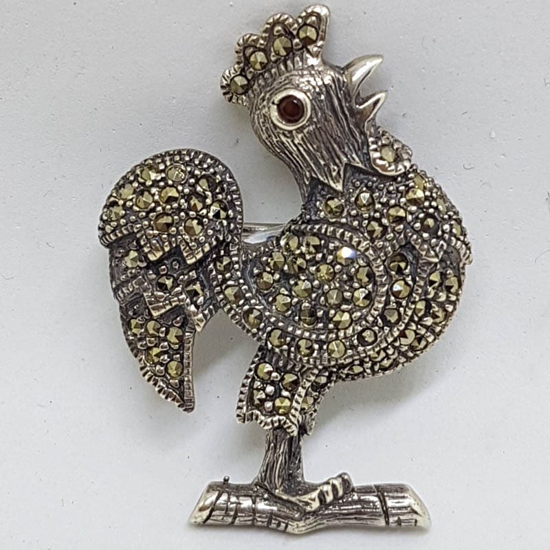 Sterling Silver Marcasite Large Rooster Brooch - Garnet Eye - Bird