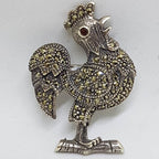 Sterling Silver Marcasite Large Rooster Brooch - Garnet Eye - Bird