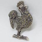 Sterling Silver Marcasite Large Rooster Brooch - Garnet Eye - Bird