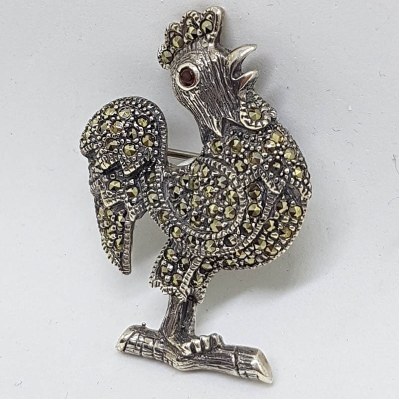 Sterling Silver Marcasite Large Rooster Brooch - Garnet Eye - Bird