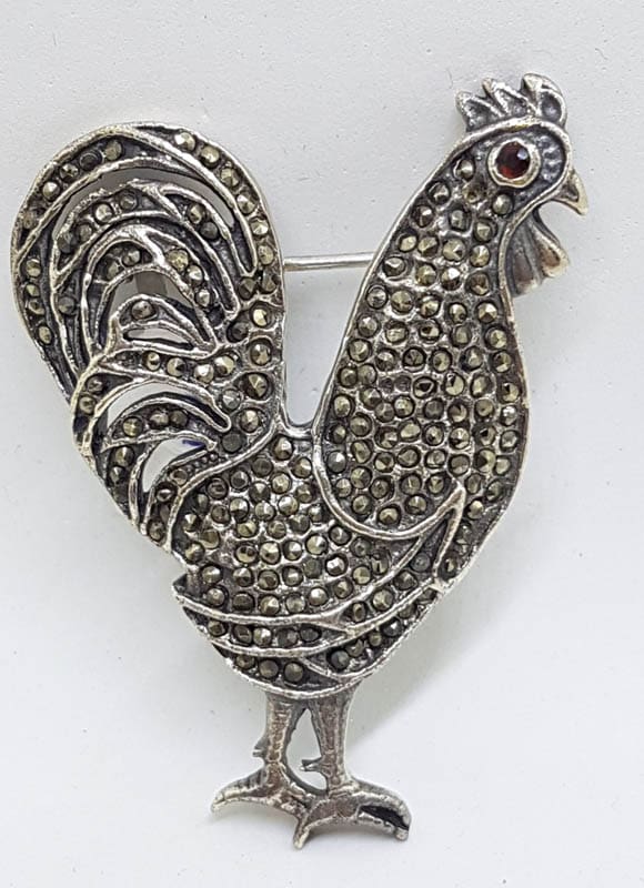 Sterling Silver Marcasite Large Rooster Brooch with Garnet Eye - Bird