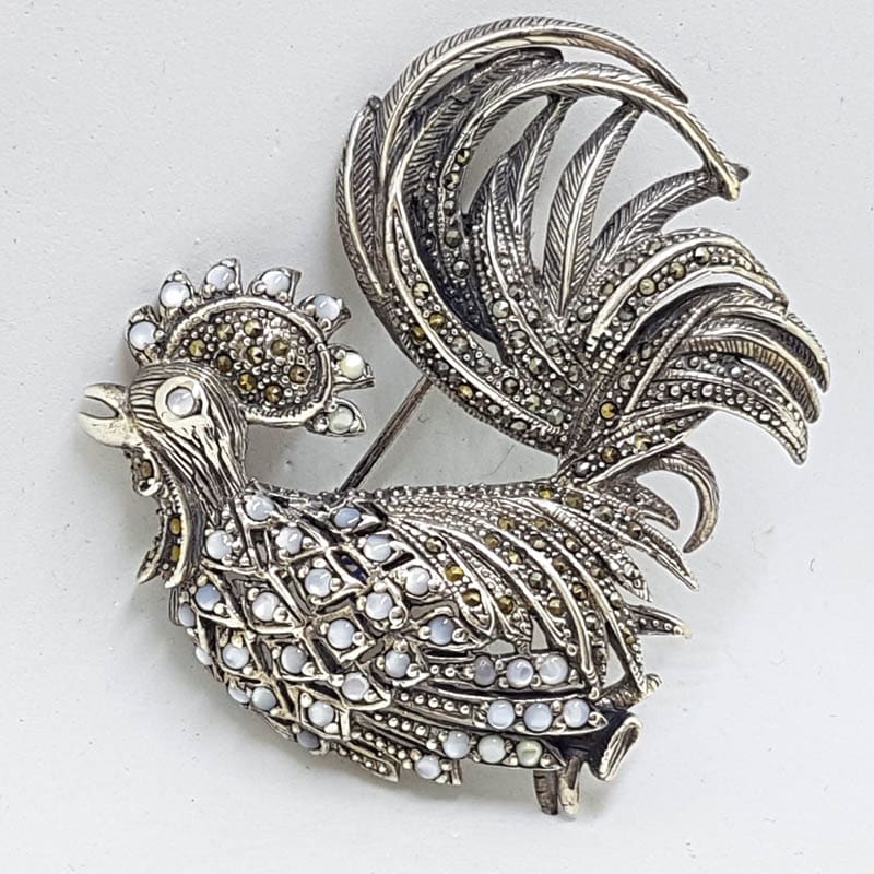 Sterling Silver Very Large Marcasite and Mother of Pearl Rooster Brooch - Bird