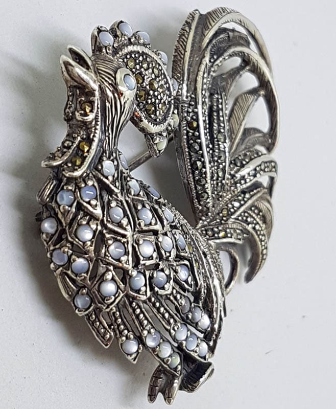 Sterling Silver Very Large Marcasite and Mother of Pearl Rooster Brooch - Bird