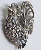 Sterling Silver Very Large Marcasite and Mother of Pearl Rooster Brooch - Bird