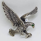 Sterling Silver Marcasite Very Large Eagle / Bird Brooch - Green Eye