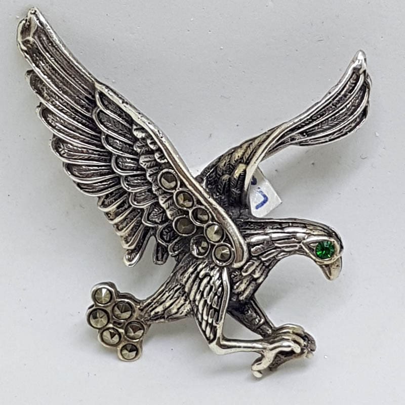 Sterling Silver Marcasite Very Large Eagle / Bird Brooch - Green Eye