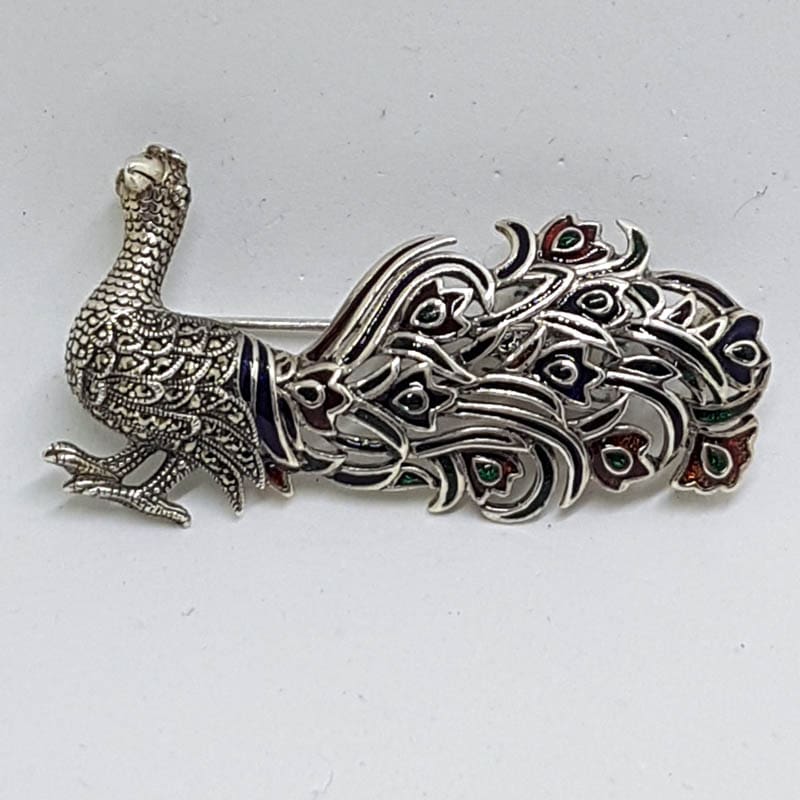 Sterling Silver Marcasite &amp; Enamel Peacock Bird Brooch