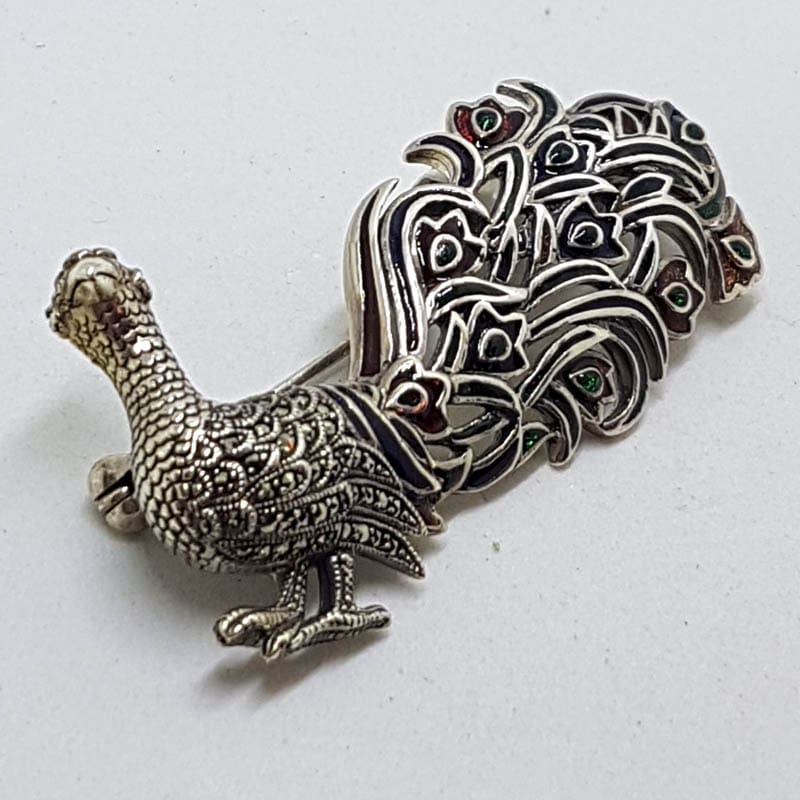 Sterling Silver Marcasite &amp; Enamel Peacock Bird Brooch