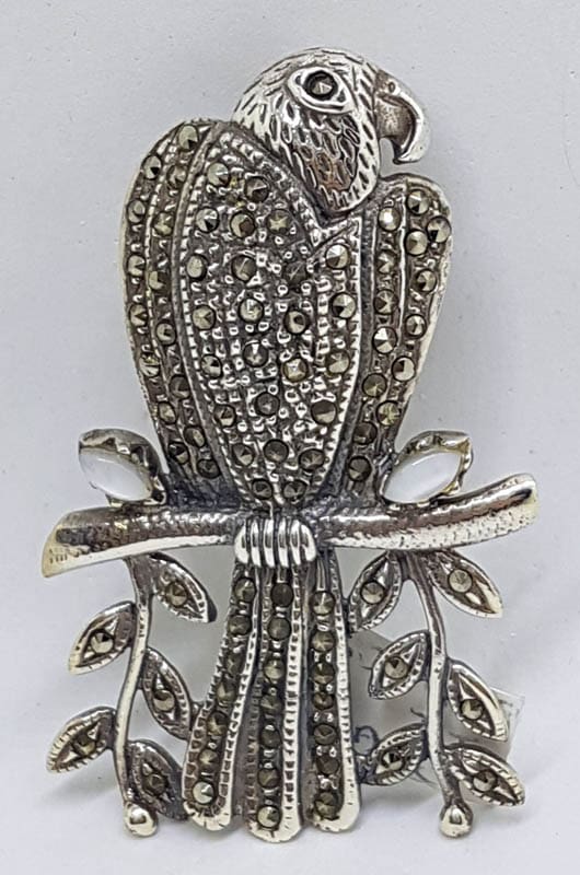 Sterling Silver Marcasite and Mother of Pearl Large Bird on Branch Brooch