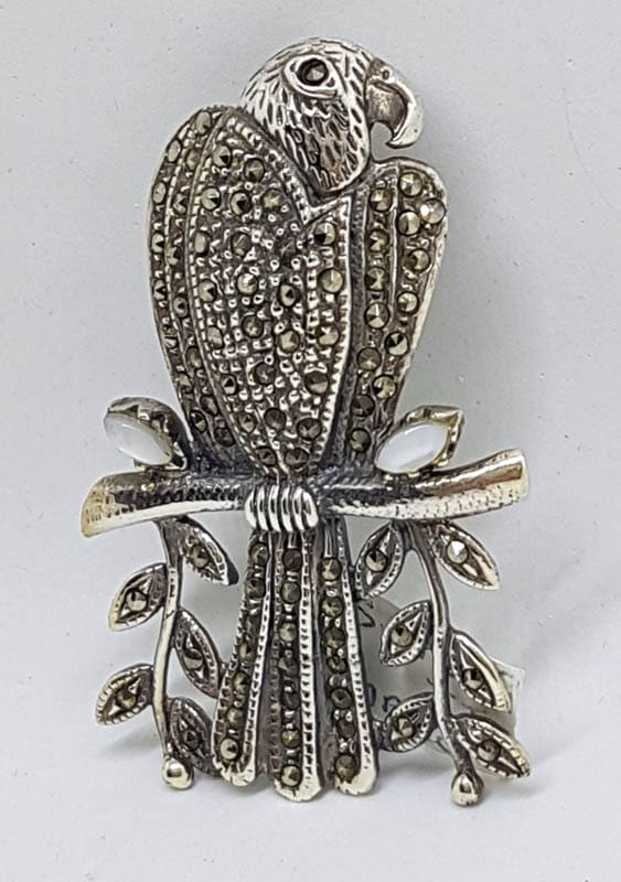 Sterling Silver Marcasite and Mother of Pearl Large Bird on Branch Brooch