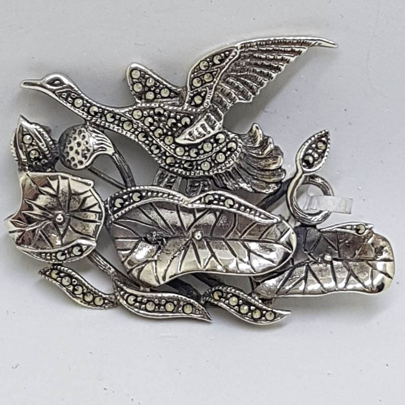 Sterling Silver Marcasite Large Duck / Bird on Water Lily Pond Brooch