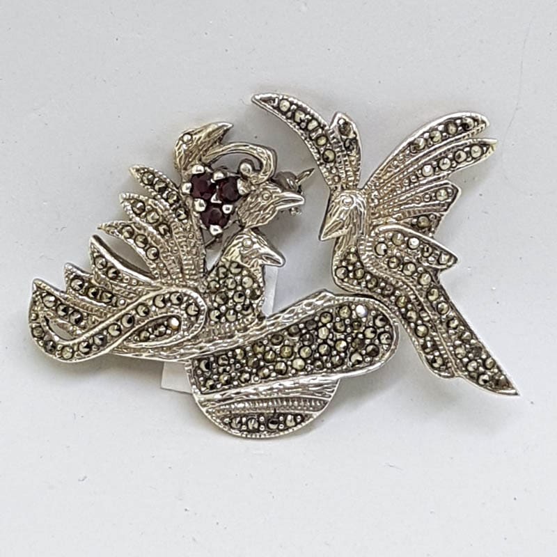 Sterling Silver Marcasite Large Bird with Garnet Flower Brooch - Birds in Nest