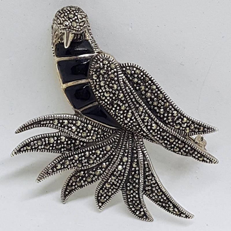 Sterling Silver Marcasite Very Large Bird with Black Enamel Brooch