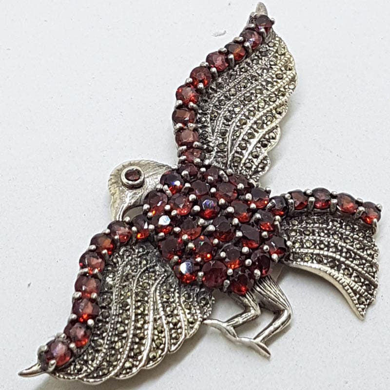 Sterling Silver Marcasite and Garnet Very Large Bird / Eagle Brooch