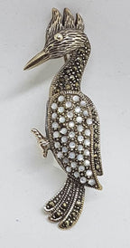 Sterling Silver Marcasite &amp; Mother of Pearl Woodpecker Bird Brooch