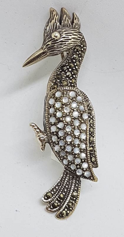 Sterling Silver Marcasite &amp; Mother of Pearl Woodpecker Bird Brooch