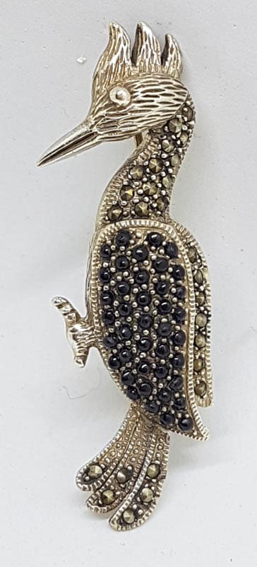 Sterling Silver Marcasite &amp; Black Woodpecker Bird Brooch